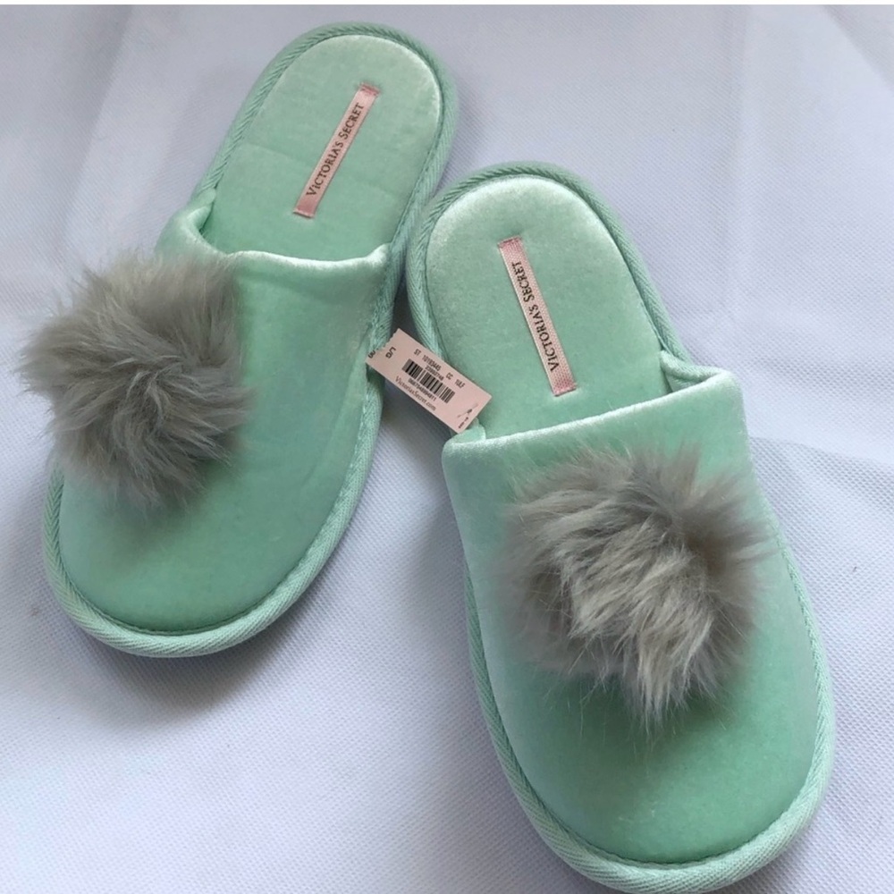 Victoria's Secret Green Slippers with Gray Pom